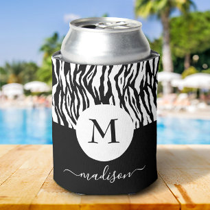 Schwarz-weißes Zebra-Tierdruckmonogramm Name Chic Dosenkühler