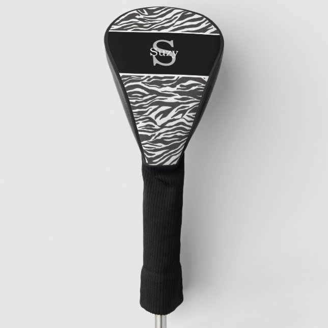 Schwarz-weißes Zebra-Tiermuster Anfangsmonogramm Golf Headcover (Vorderseite)