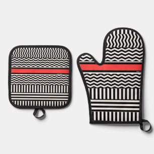 Schwarz-weißes Zickzack Band Ofenhandschuh & Topflappen-Set
