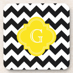 Schwarz-weißes Zickzack Zig-Zag-Gelbes Monogramm Untersetzer