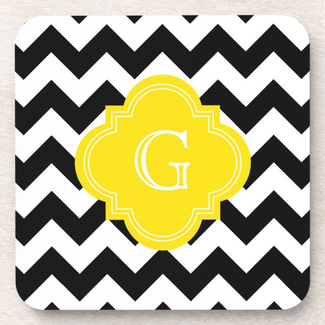 Schwarz-weißes Zickzack Zig-Zag-Gelbes Monogramm Untersetzer (Vorderseite)