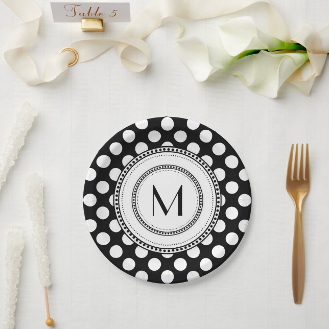 Schwarz | White Big Polka Dots Monogram Pappteller (Hochzeit)