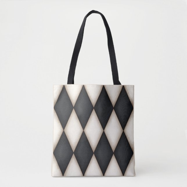 Schwarz. White Diamond Karo Harlequin Pattern Tasche (Vorderseite)