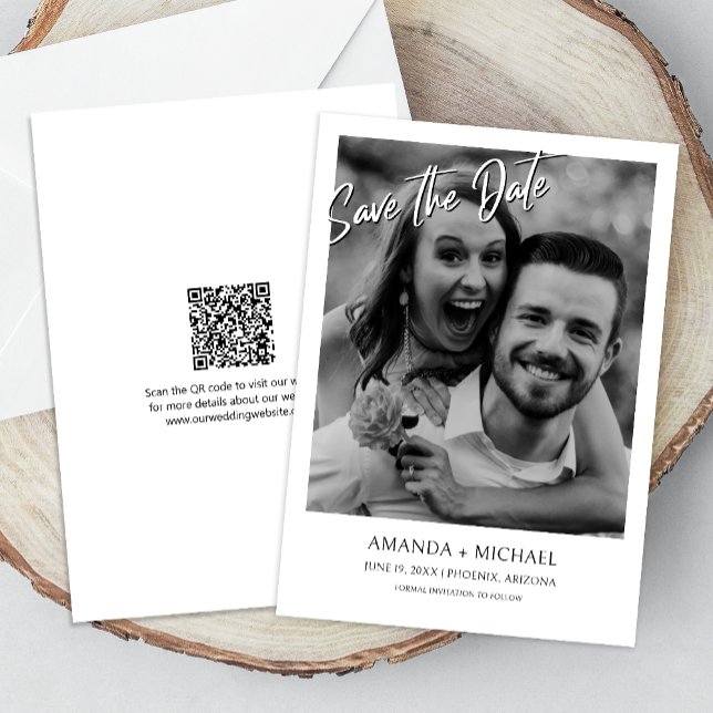 Schwarz | White Foto QR Code Wedding Save the Date Einladung (Cherish the moment and announce your day with our captivating photo Save the Date invitation.)