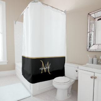 Schwarz | White & Gold Monogram Elegant Luxury Duschvorhang