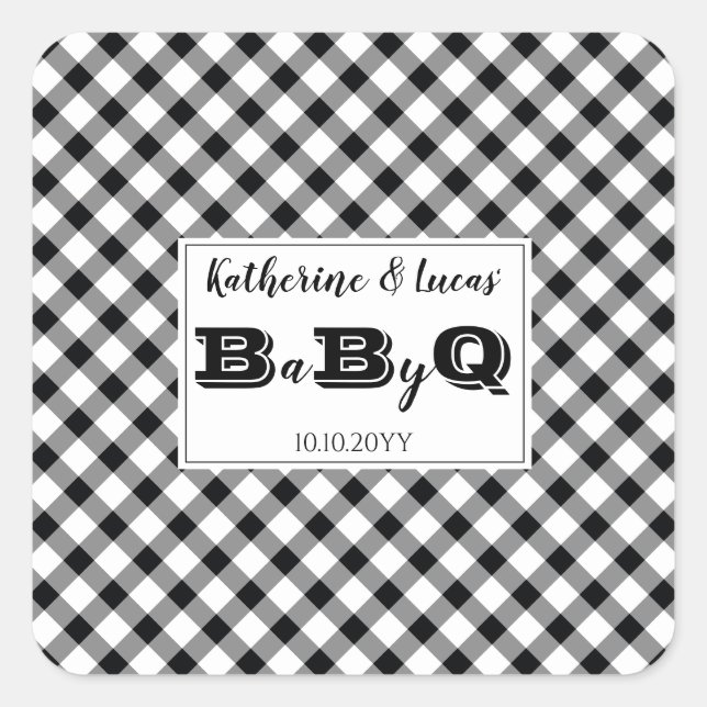 Schwarz | White Karos Baby Q GRILLEN Dusche Quadratischer Aufkleber (Vorderseite)