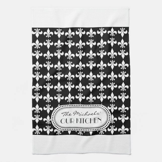 Schwarz | White Lilie Monogram Pattern Küchentuch (Vertikal)
