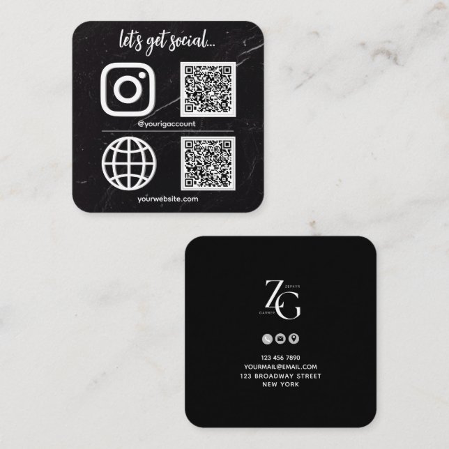 Schwarz | White Texture Social Media QR Code Quadratische Visitenkarte (Vorne/Hinten)