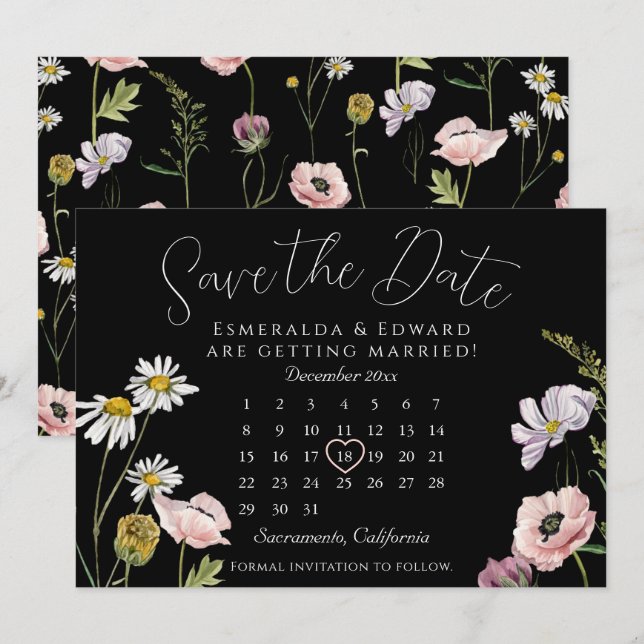 Schwarz-Wild-Blume-Hochzeitskalender Save the Date (Vorne/Hinten)