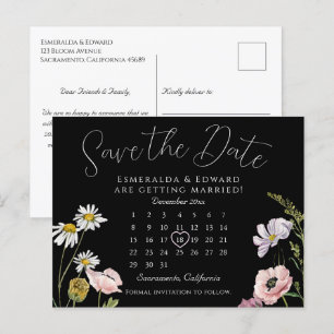 Schwarz-Wild-Blume-Hochzeitskalender Save the Date Ankündigungspostkarte