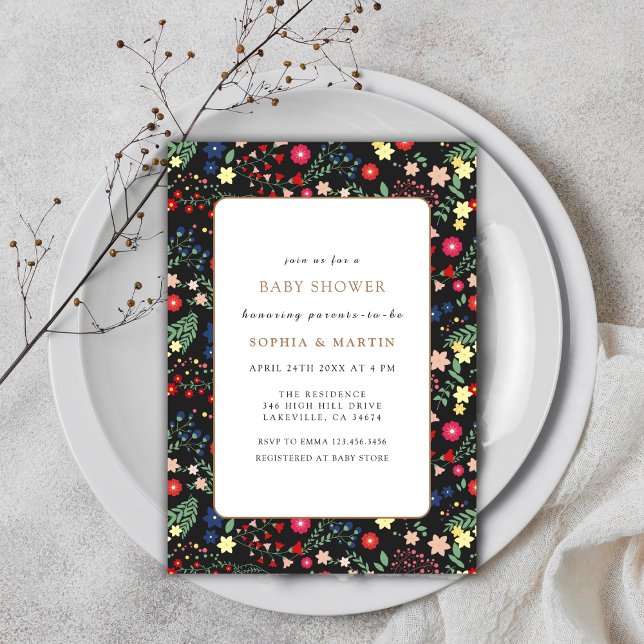 Schwarz-Wildblume-Rahmen-Kinderdusche Einladung (Black Colorful Little Wildflower Frame Baby Shower Invitation)