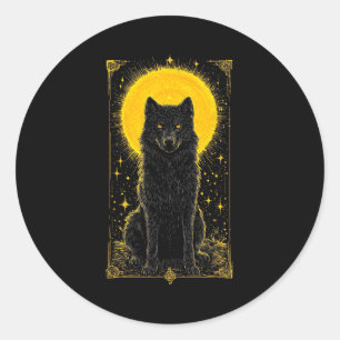 Schwarz Wolf Goldener Mond Grafik T-Shirt – Wildti Runder Aufkleber