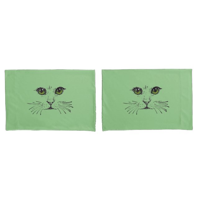 Schwarz zeichnend Katzengesicht Helle grüne Augen Kissenbezug (Vorderseite-Set)
