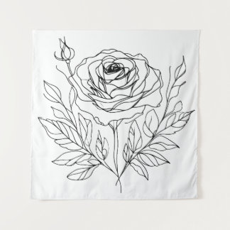 Schwarz zeichnend minimalistische Rose-One-Line-Ku Wandteppich