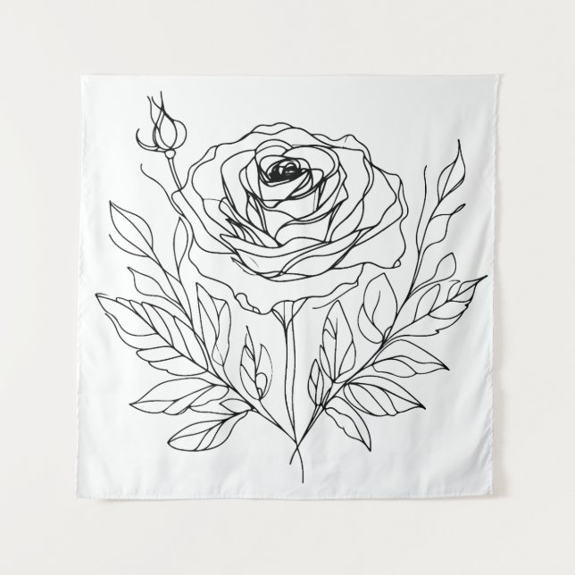 Schwarz zeichnend minimalistische Rose-One-Line-Ku Wandteppich (Vorderseite)