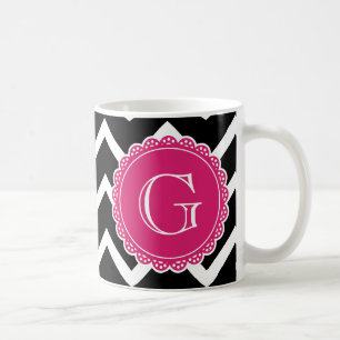 Schwarz-Zickzack-Hot-Pink-Monogramm Kaffeetasse