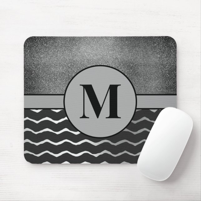 Schwarz-Zickzack-Silver-Glitzer-Monogramm Mousepad (Mit Mouse)