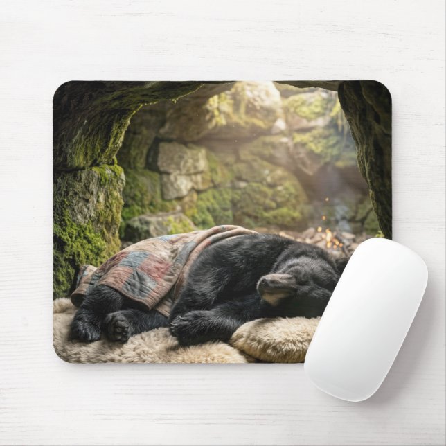 Schwarzbär unter einer Decke überwinternd Mousepad (Mit Mouse)