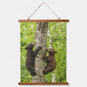 Schwarzbärenjunge klettern auf einen Baum Wandteppich Mit Holzrahmen