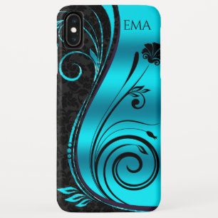 Schwarzblauer Damast und schwarze Wirbel Case-Mate iPhone Hülle