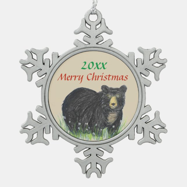 Schwarzbrauner Bär, Frohe Weihnachtsstunde Schneeflocken Zinn-Ornament (Vorderseite)