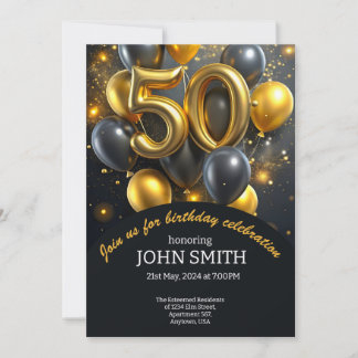 Schwarze, 50. Geburtstag goldene Ballons glitzern Einladung