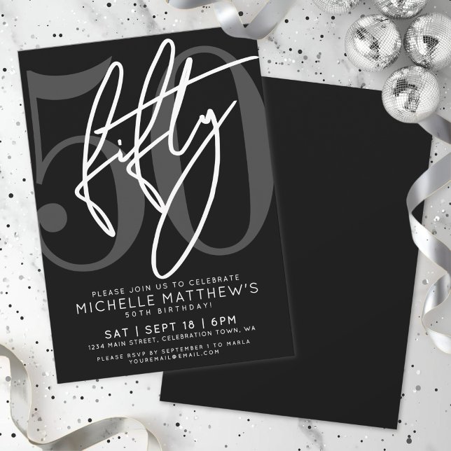 Schwarze 50. Geburtstagsfeier Einladung (Black 50th Birthday Party Invitation)