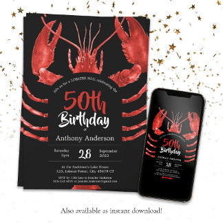 Schwarze 50. Geburtstagslobster Seafood Summer Cus Einladung