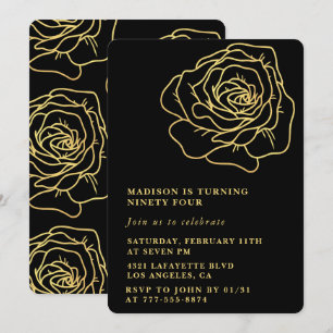 Schwarze 94. Geburtstagseinladungen Gold Blumen Einladung