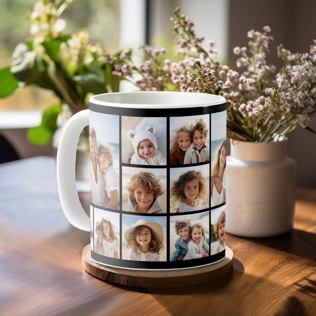 Schwarze 9 Foto Square Collage Kaffeetasse (Personalized Coffee Mug)