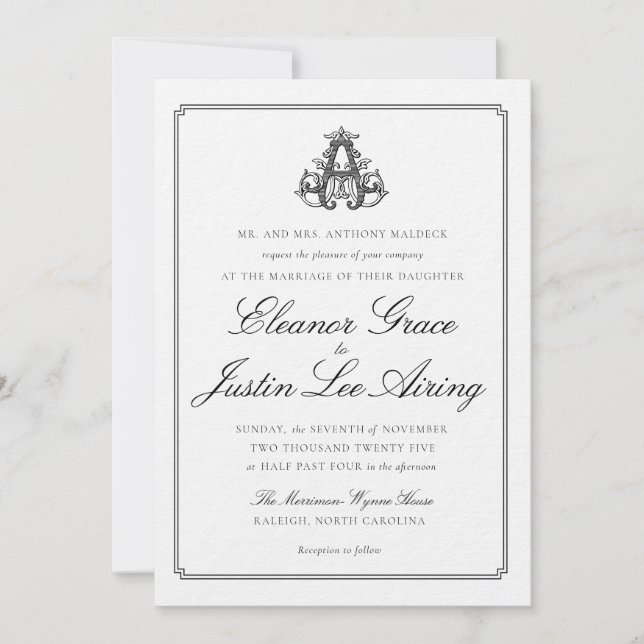 Schwarze "A" Monogramm Hochzeitseinladung Einladung (Vorderseite)