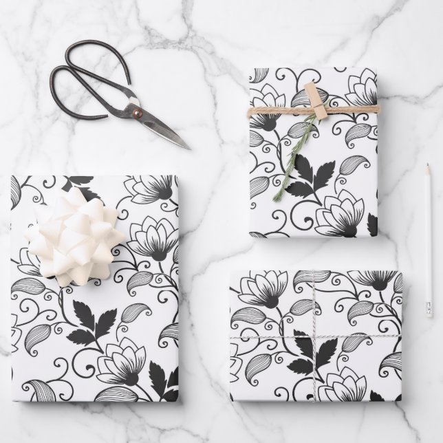 Schwarze Abstrakte Blüte auf weißem Hintergrund Geschenkpapier Set (Vorderseite)