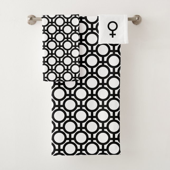Schwarze Abstrakte Kreise und Linien auf weißem Ba Badhandtuch Set (Insitu)