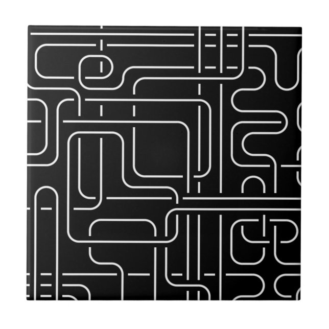 Schwarze Abstrakte Linien Fliese (Vorderseite)