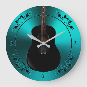 Schwarze Akustikgitarre auf aquamariner Musik-Uhr Große Wanduhr