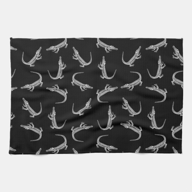 Schwarze Alligatoren Druckmuster Tierart Design Geschirrtuch (Horizontal)