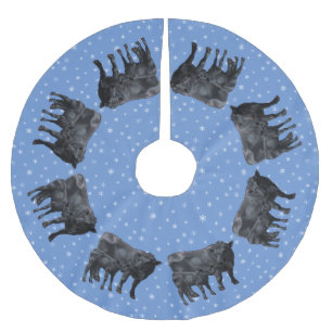 Schwarze Angus Kuh & Niedliche Kalbsschneeflocken Polyester Weihnachtsbaumdecke