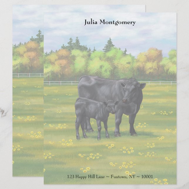 Schwarze Angus Kuh & Niedliches Kalb im Sommer Wei Briefbogen (Vorne/Hinten)