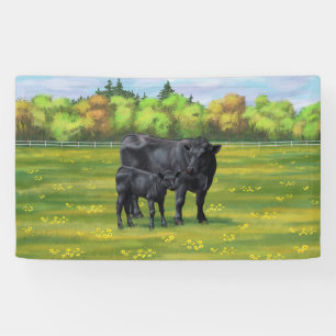 Schwarze Anguskühe und Niedliches Kalb im Sommerwe Banner