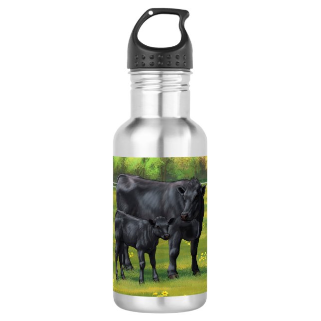Schwarze Anguskühe und Niedliches Kalb im Sommerwe Edelstahlflasche (Vorderseite)