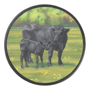 Schwarze Anguskühe und Niedliches Kalb im Sommerwe Eishockey Puck
