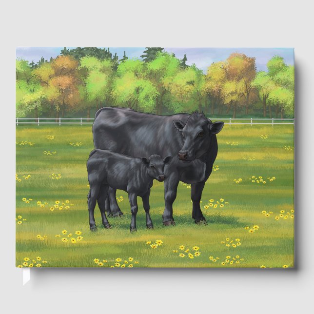 Schwarze Anguskühe und Niedliches Kalb im Sommerwe Gästebuch (Vorderseite)