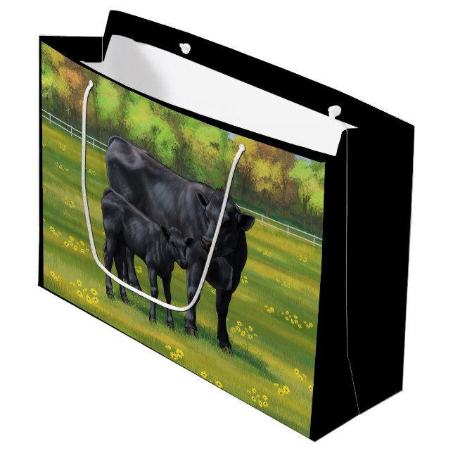 Schwarze Anguskühe und Niedliches Kalb im Sommerwe Große Geschenktüte (Vorderseite Schrägansicht)