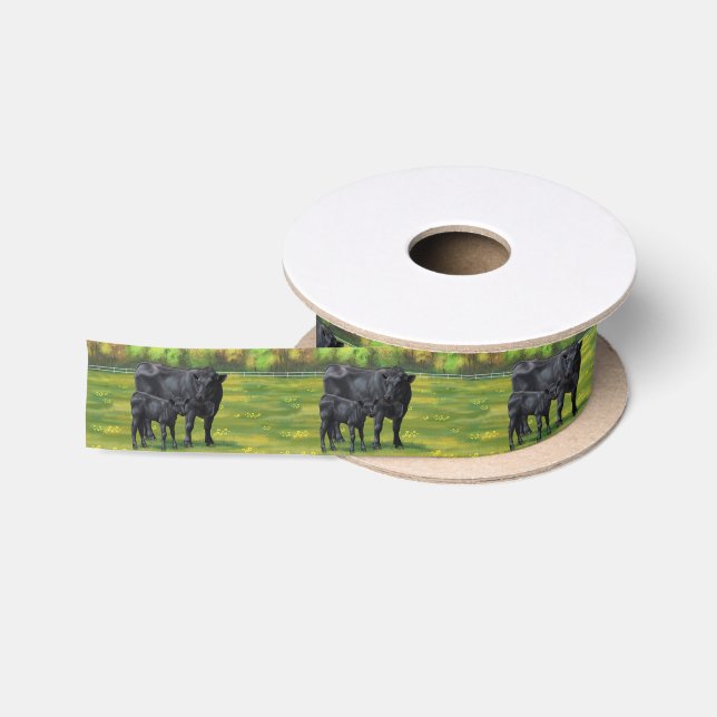 Schwarze Anguskühe und Niedliches Kalb im Sommerwe Satinband (Spule)