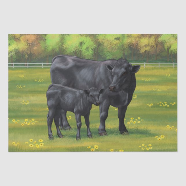 Schwarze Anguskühe und Niedliches Kalb im Sommerwe Seidenpapier (Vorderseite)