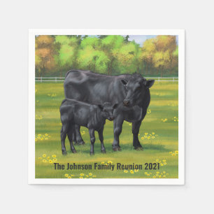 Schwarze Anguskühe und Niedliches Kalb im Sommerwe Serviette