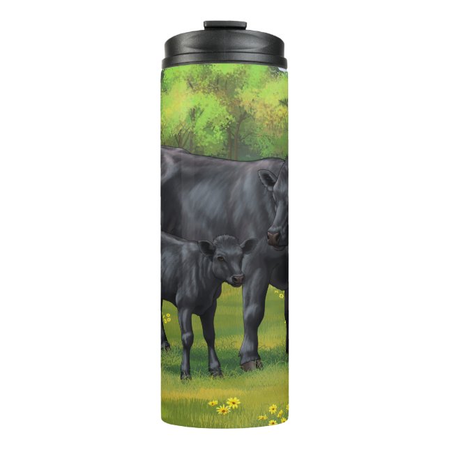 Schwarze Anguskühe und Niedliches Kalb im Sommerwe Thermosbecher (Vorderseite)