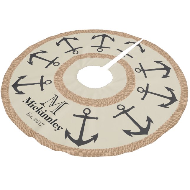 Schwarze Anker und BraunseilFamilienname Polyester Weihnachtsbaumdecke (Schrägansicht)