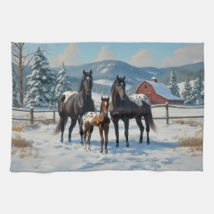 Schwarze Appaloosa Pferde auf einem Bauernhof im W Geschirrtuch