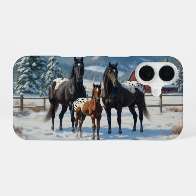 Schwarze Appaloosa Pferde auf einem Bauernhof im W iPhone 16 Hülle (Rückseite (Horizontal))